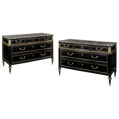 Pair of Ebonised Directoire Brass Mounted Marble Top Commodes