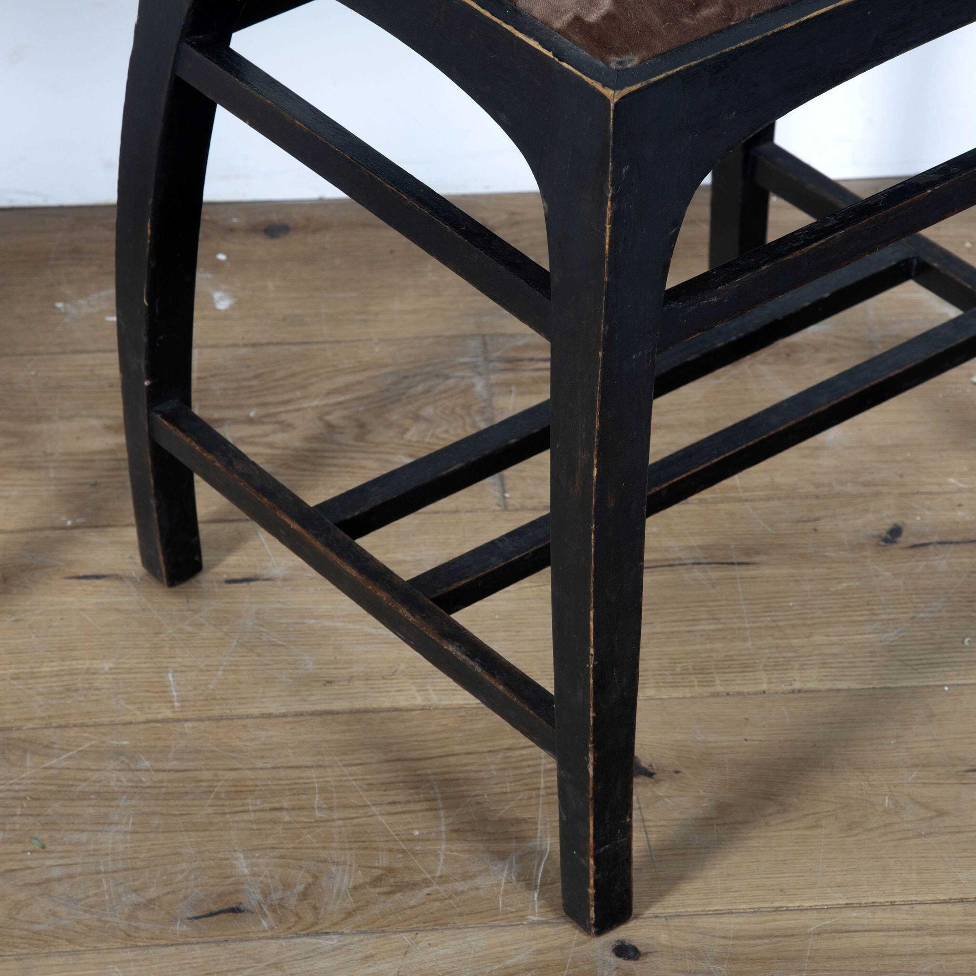 Pair of ebonised stools attributed to Koloman Moser.
Koloman Moser (1868-1918) was one of the foremost artists of the Vienna Secession movement, founded in 1897, and the following Wiener Werkstatte in 1903.
Both movements were close in ideals to
