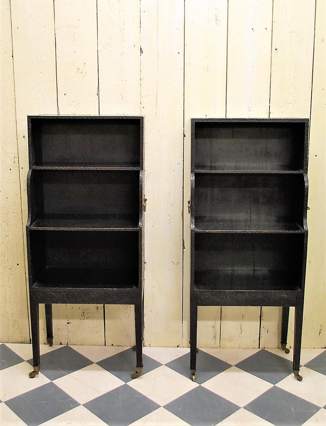 Regency Pair of Ebonized Waterfall Bookcases For Sale