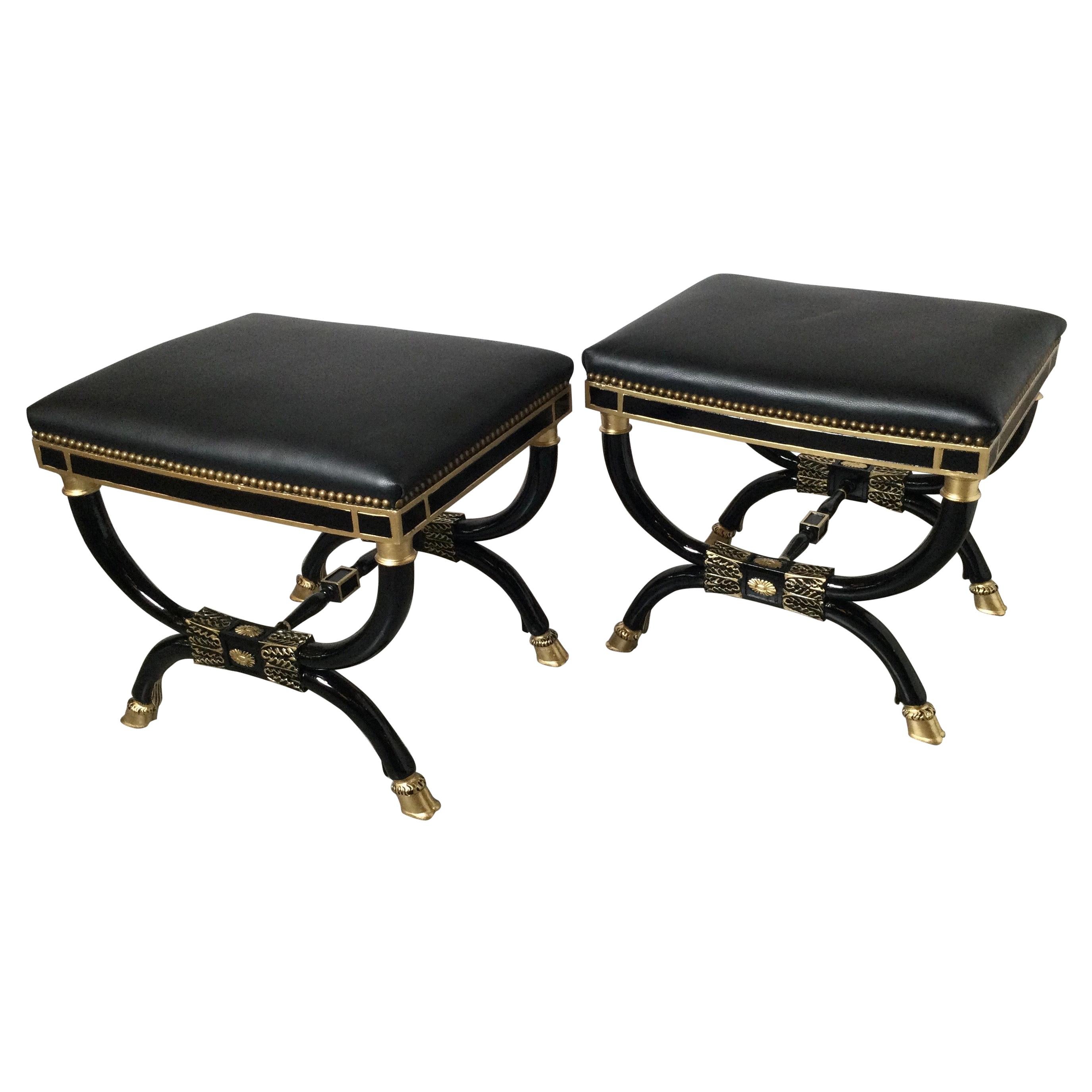 Pair of Ebonized and Gilt Neoclassical X Benches
