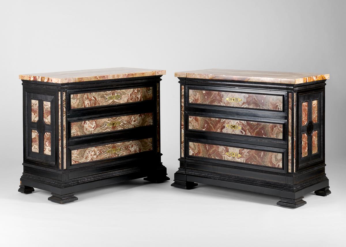 Pair of Ebonized and Marble-Veneered Commodes, Early 20th Century For Sale 7