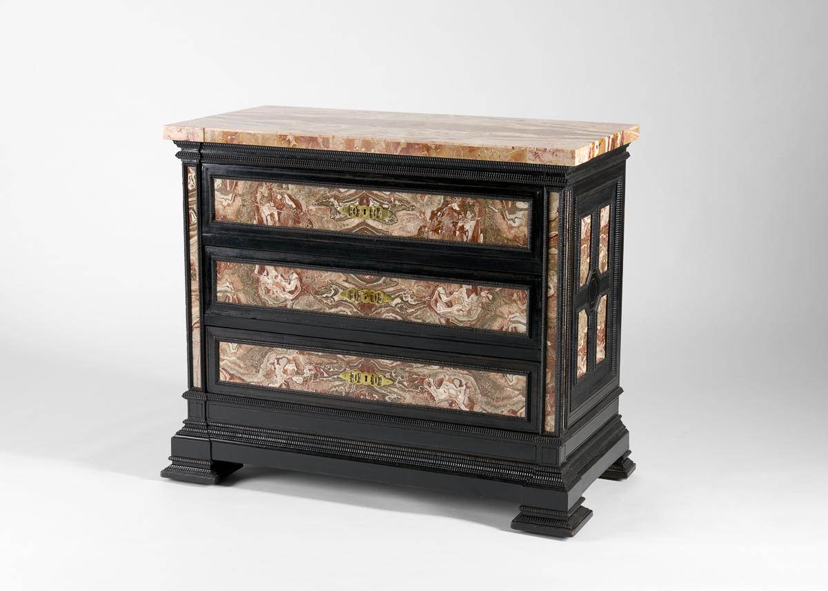 Pair of Ebonized and Marble-Veneered Commodes, Early 20th Century In Good Condition For Sale In New York, NY