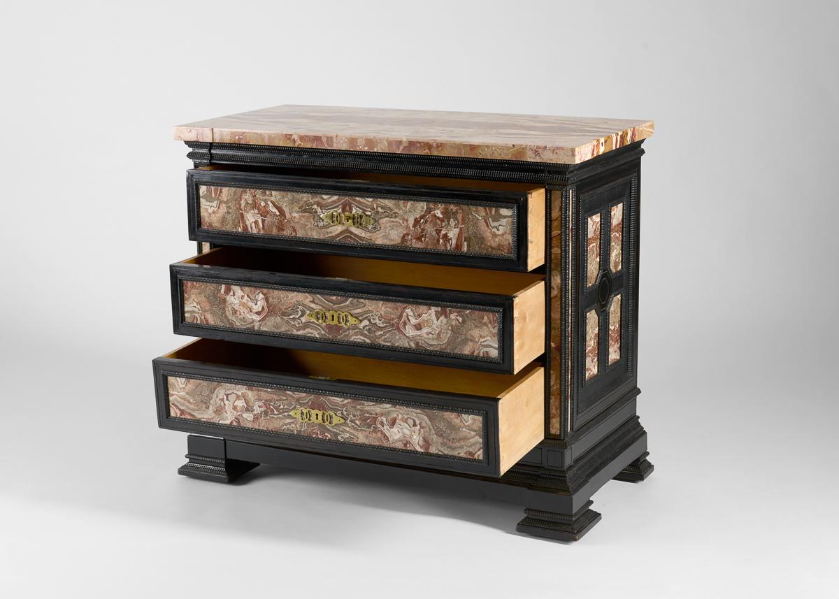 Pair of Ebonized and Marble-Veneered Commodes, Early 20th Century For Sale 2