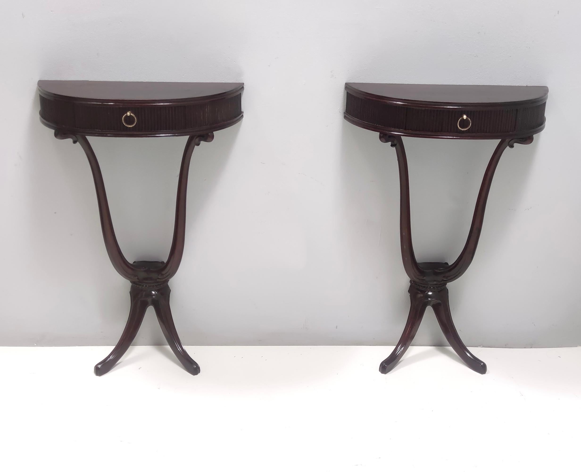 Mid-Century Modern Pair of Ebonized Beech and Walnut Console Tables / Nightstands, Italy