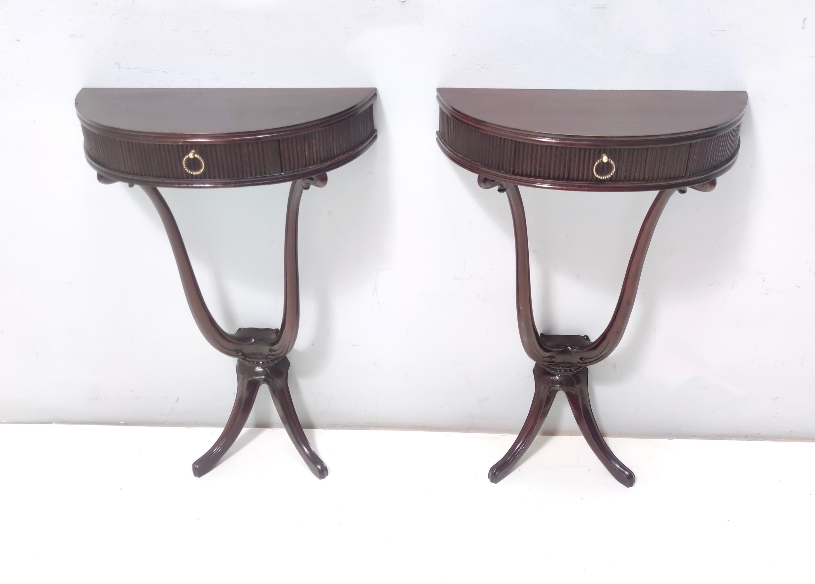 Italian Pair of Ebonized Beech and Walnut Console Tables / Nightstands, Italy