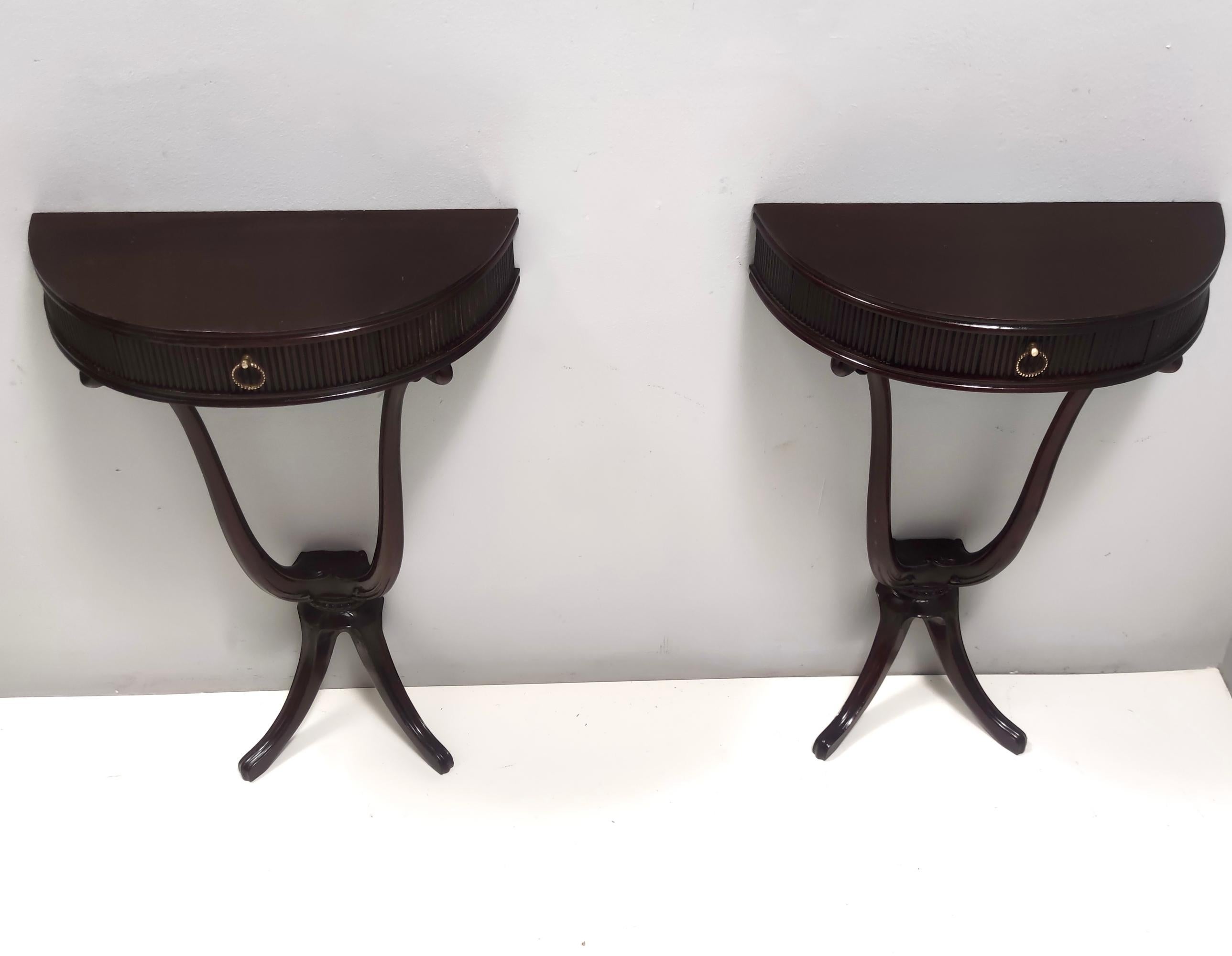 Mid-20th Century Pair of Ebonized Beech and Walnut Console Tables / Nightstands, Italy