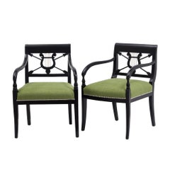 Pair of Ebonized Birch Empire Upholstered Armchairs, 1830