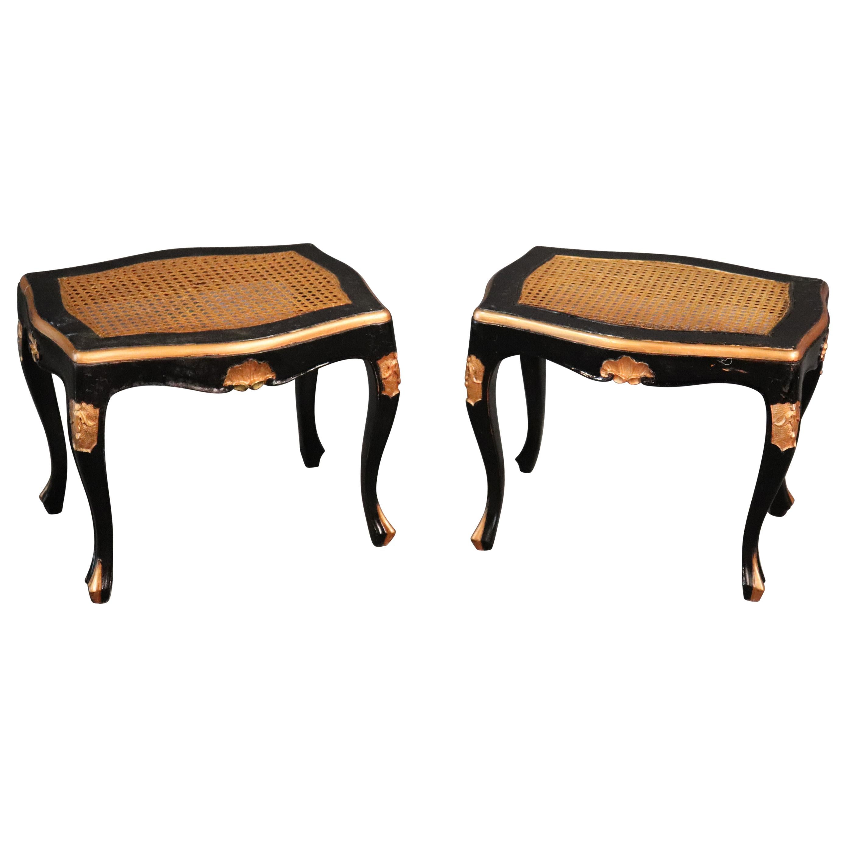 Pair of Ebonized Black Lacquer Cane Gilded French Louis XV Stools Benches