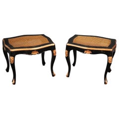 Vintage Pair of Ebonized Black Lacquer Cane Gilded French Louis XV Stools Benches
