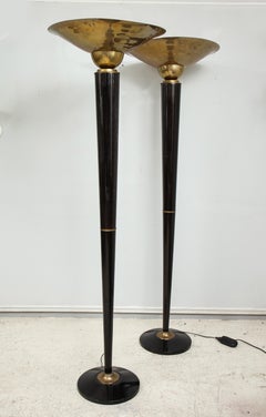 Pair of Ebonized Brass Torchieres/Floor Lamps in the Art Deco Manner