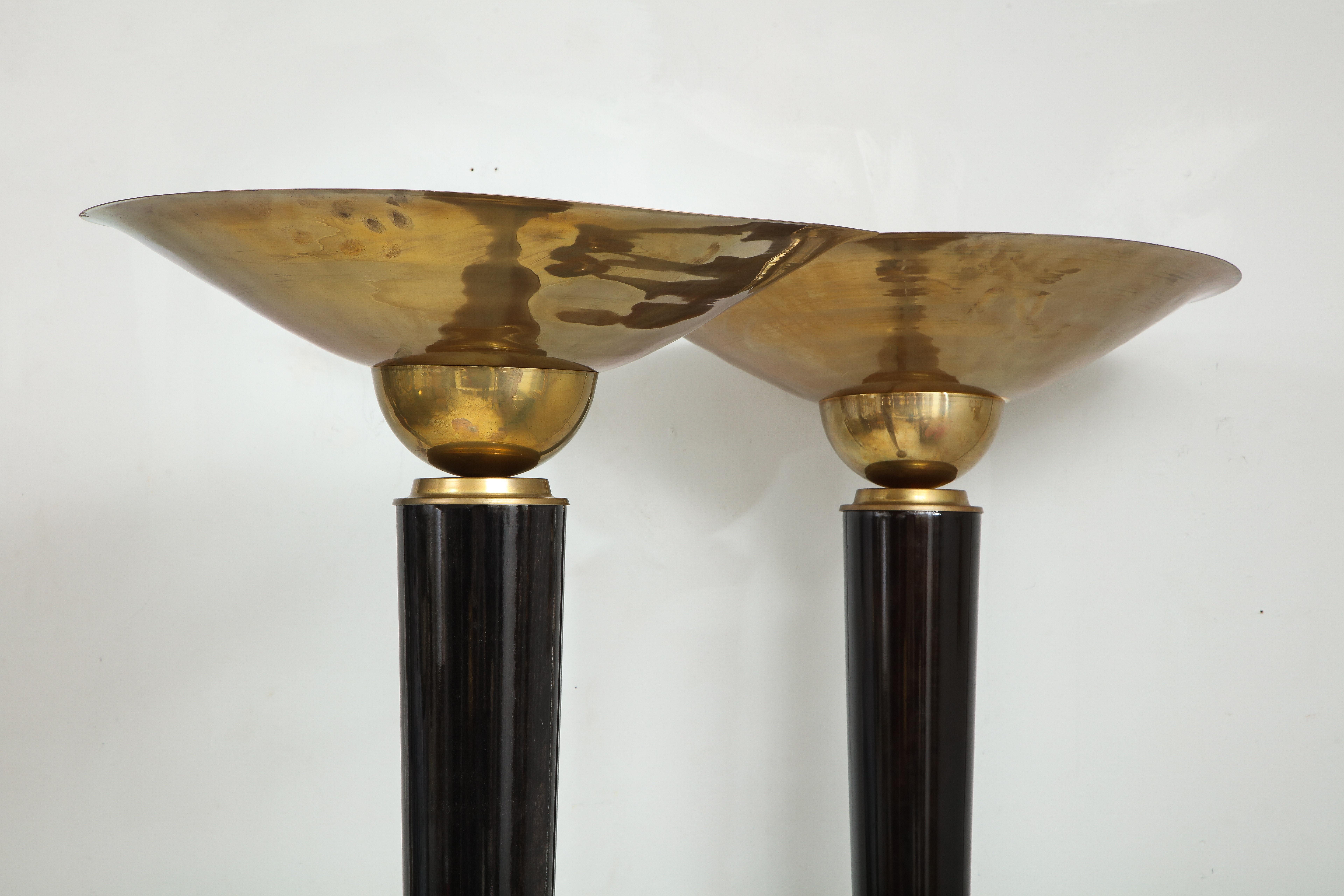 20th Century Pair of Ebonized Brass Torchieres/Floor Lamps in the Art Deco Manner