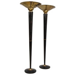 Pair of Ebonized Brass Torchieres/Floor Lamps in the Art Deco Manner