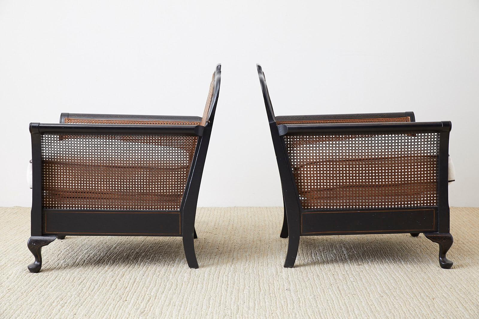 Pair of Ebonized Cane Bergere Lounge Chairs with Linen 8