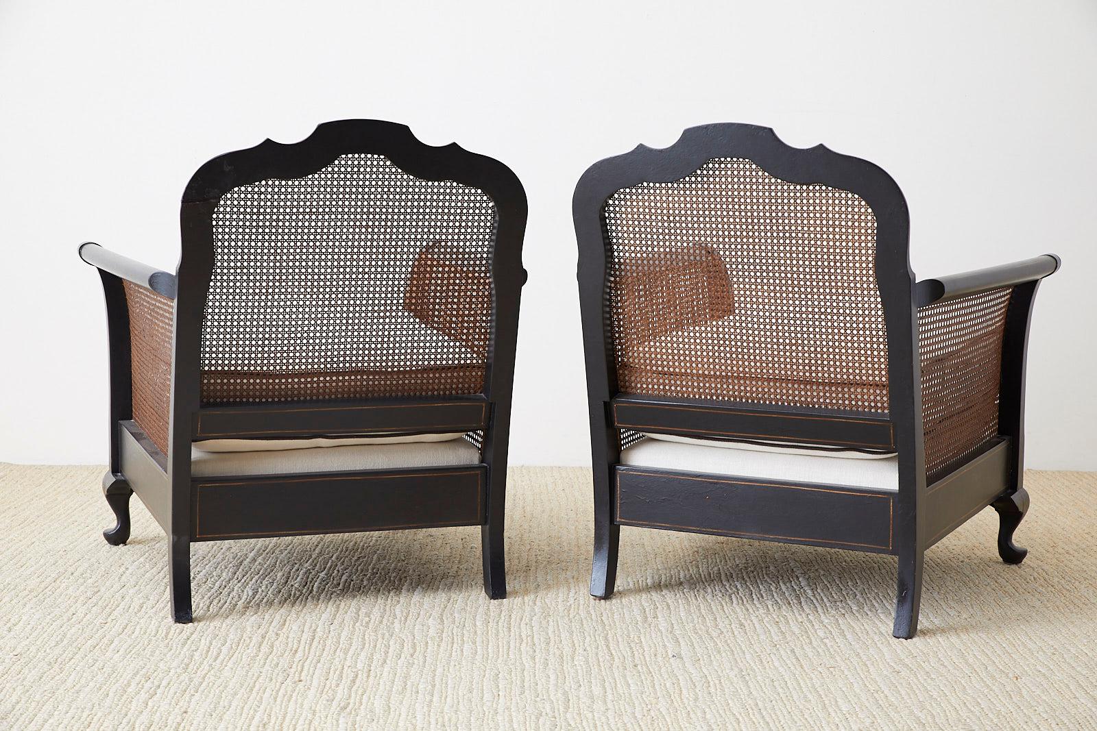 Pair of Ebonized Cane Bergere Lounge Chairs with Linen 12