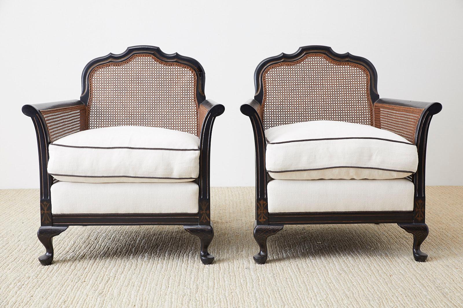 Regency Pair of Ebonized Cane Bergere Lounge Chairs with Linen