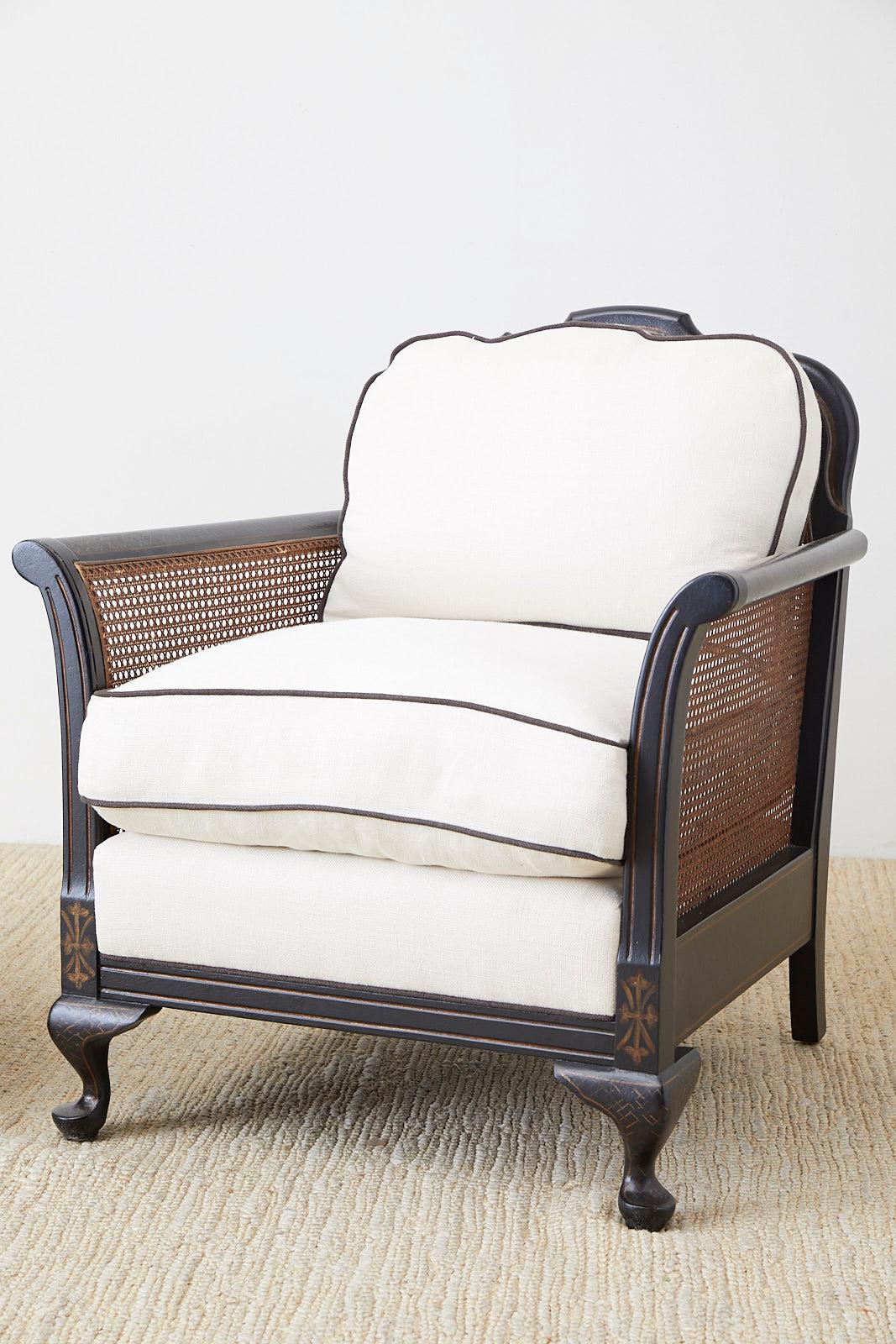 Italian Pair of Ebonized Cane Bergere Lounge Chairs with Linen
