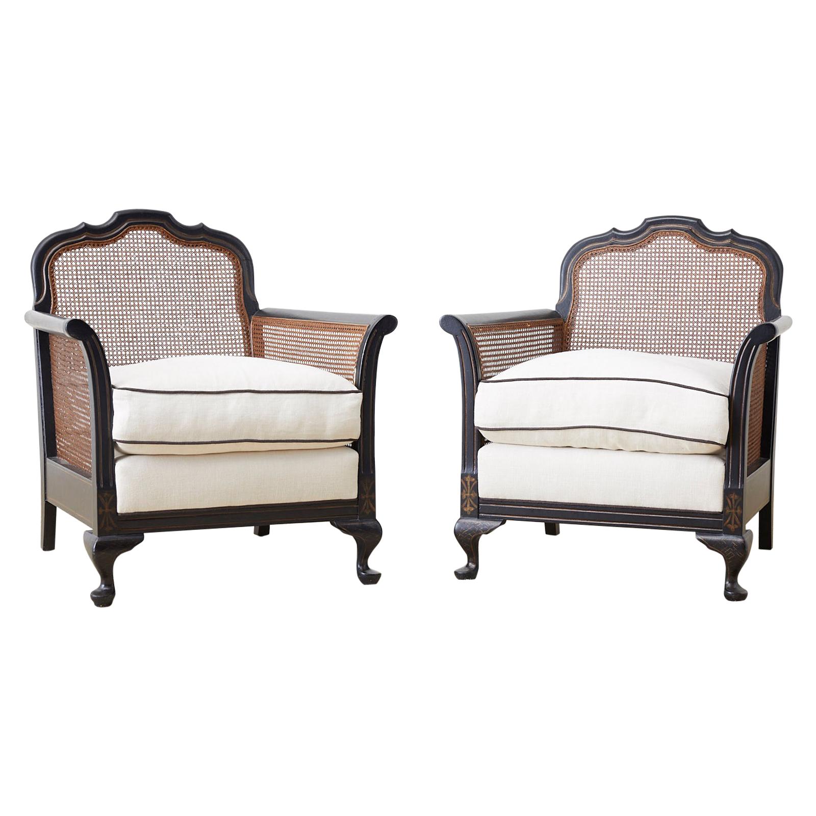 Pair of Ebonized Cane Bergere Lounge Chairs with Linen