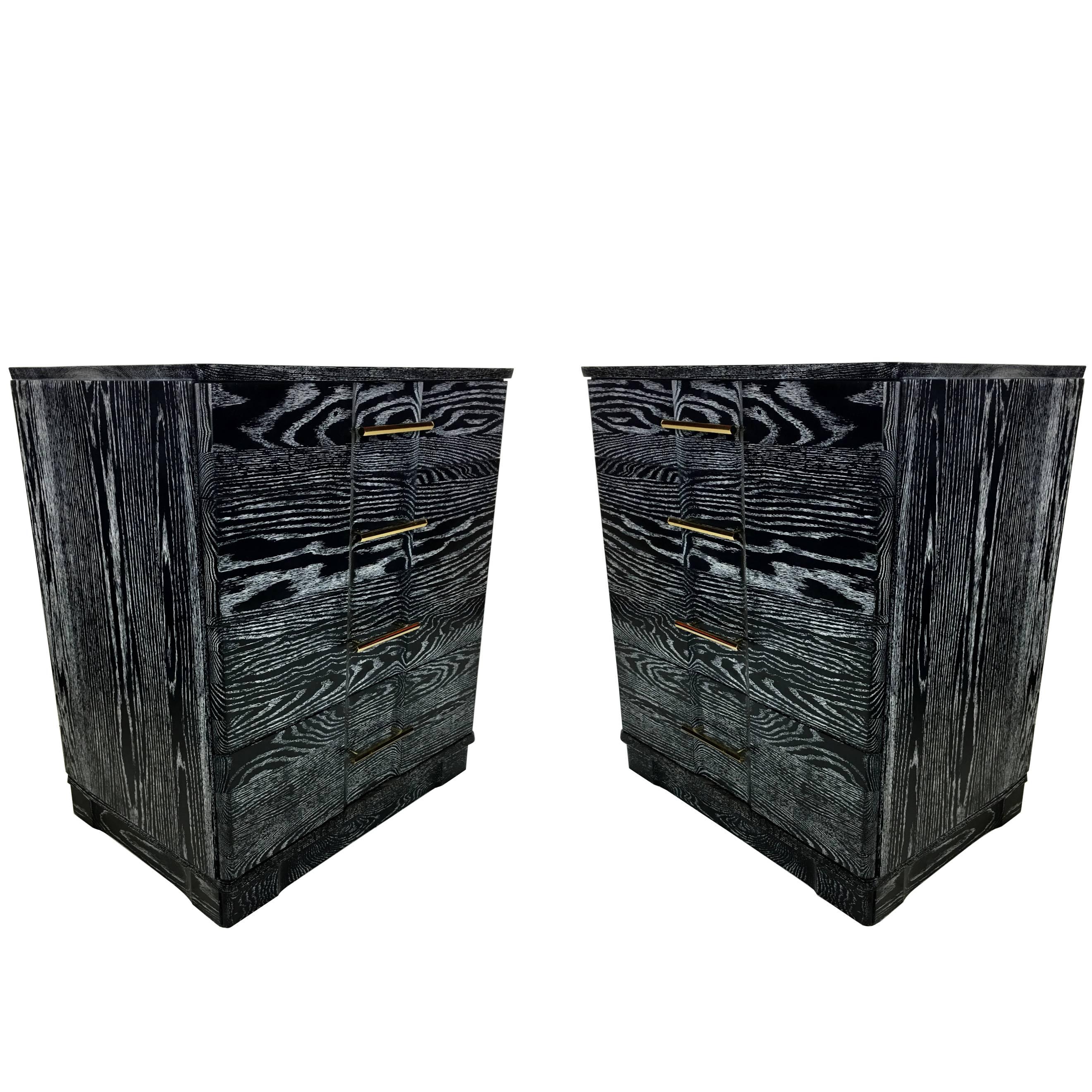 Pair of Ebonized Cerused Oak Bachelors Chests with Brass Hardware