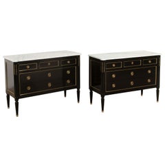 Pair of Ebonized Commodes with White Carrera Marble Tops