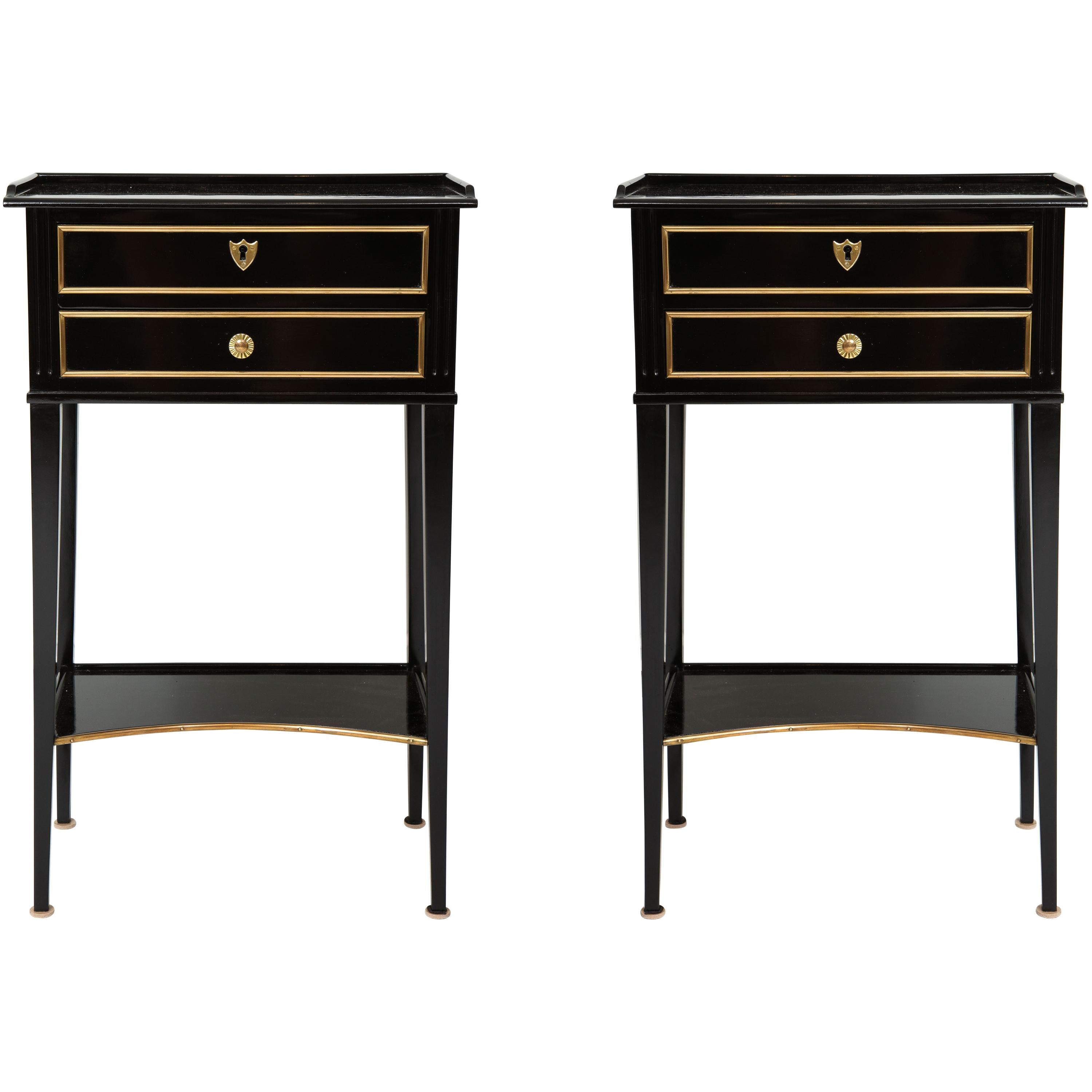 Pair of Ebonized Directoire-Style End Tables/ Nightstands with Bronze Trimming