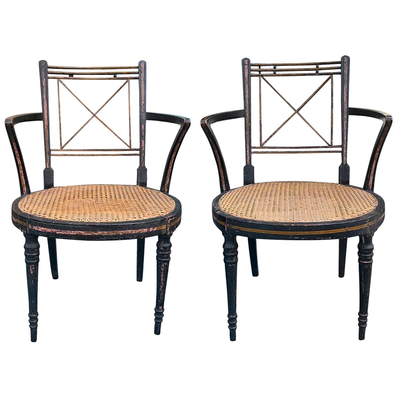 Pair of Ebonized English Regency Armchairs with Cane Seats, circa 1810 For Sale