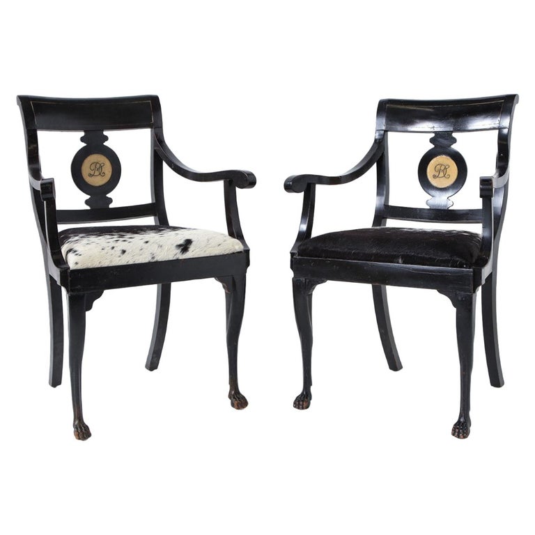 Pair of Ebonized English Regency Armchairs with Pony Seats and Monogram For Sale