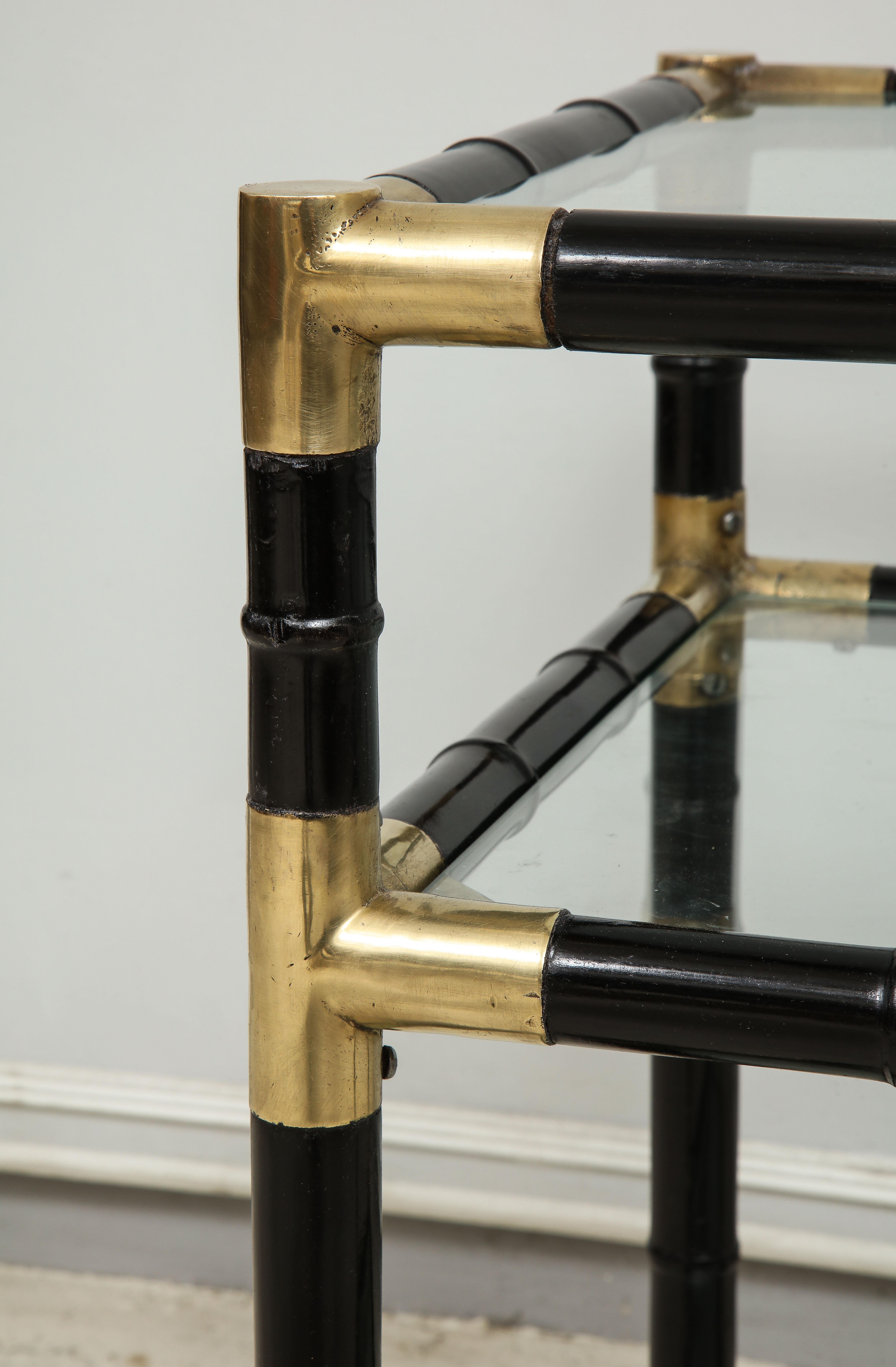 Mahogany Pair of Ebonized Faux-Bamboo and Bronze Tables in the Manner of Billy Haines For Sale