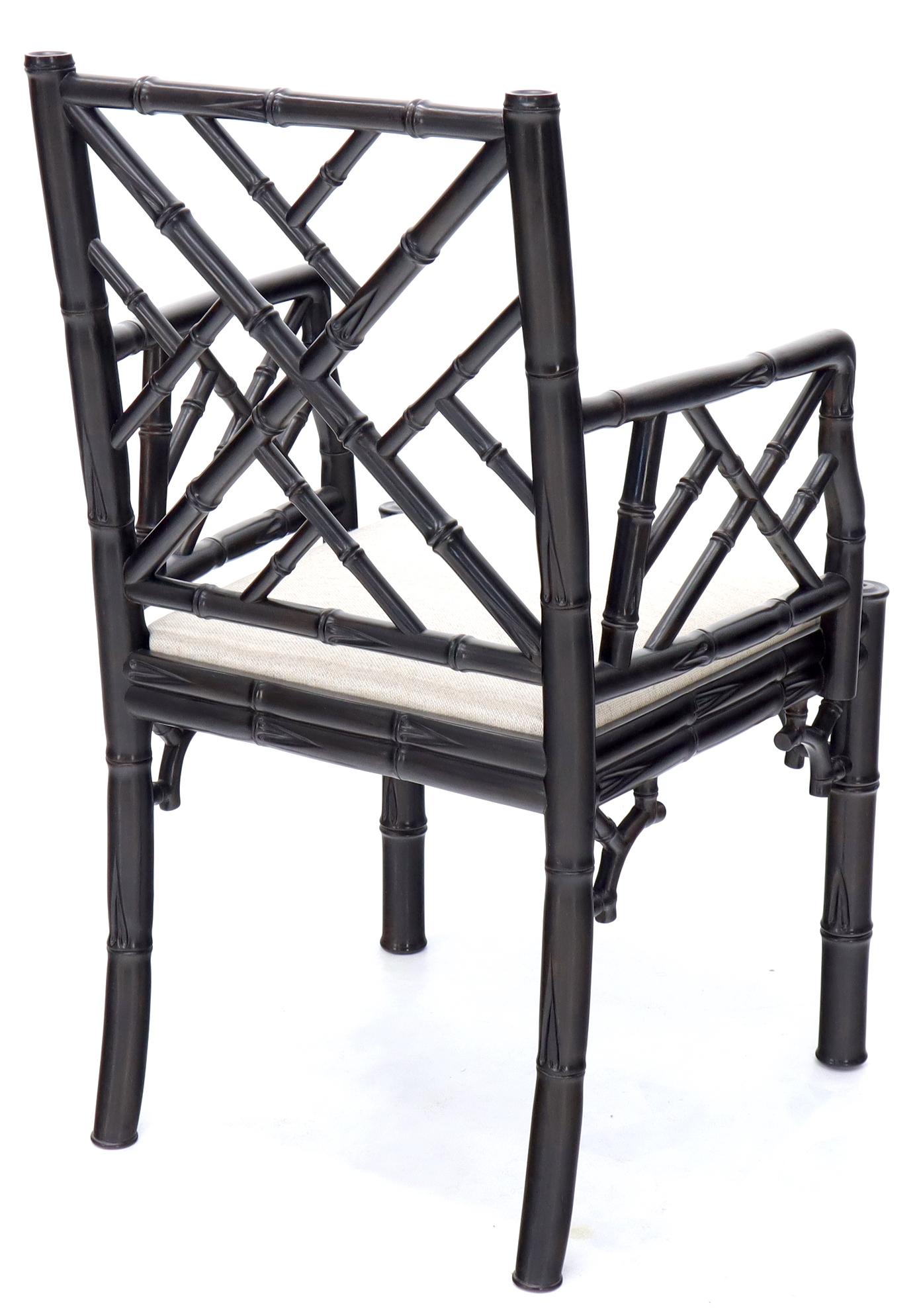Pair of Ebonized Faux Bamboo Armchairs with New Linen Fabric Upholstery For Sale 4