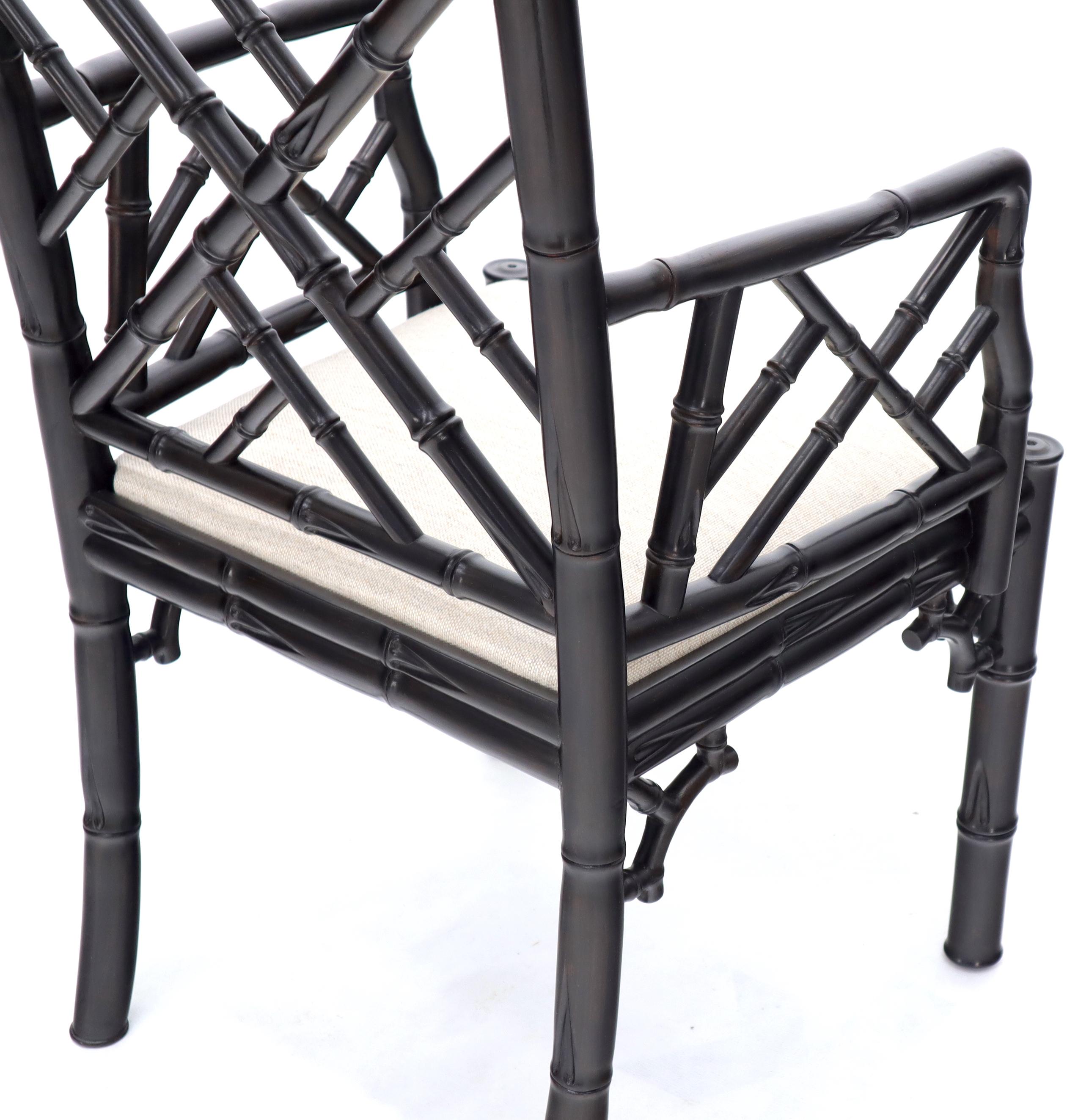 Pair of Ebonized Faux Bamboo Armchairs with New Linen Fabric Upholstery For Sale 5