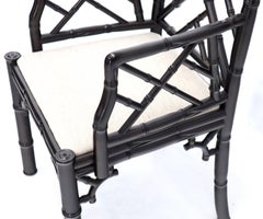Pair of Ebonized Faux Bamboo Armchairs with New Linen Fabric Upholstery
