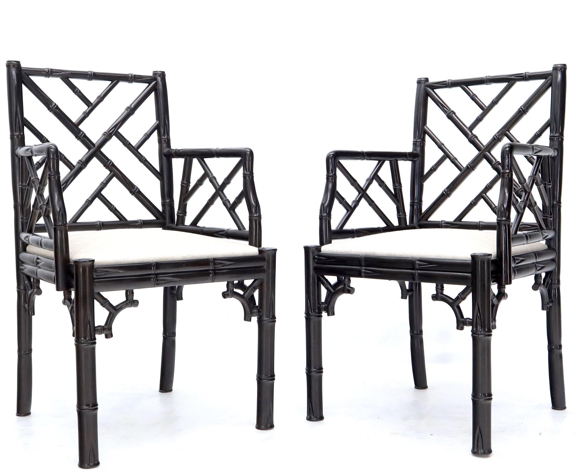 American Pair of Ebonized Faux Bamboo Armchairs with New Linen Fabric Upholstery For Sale