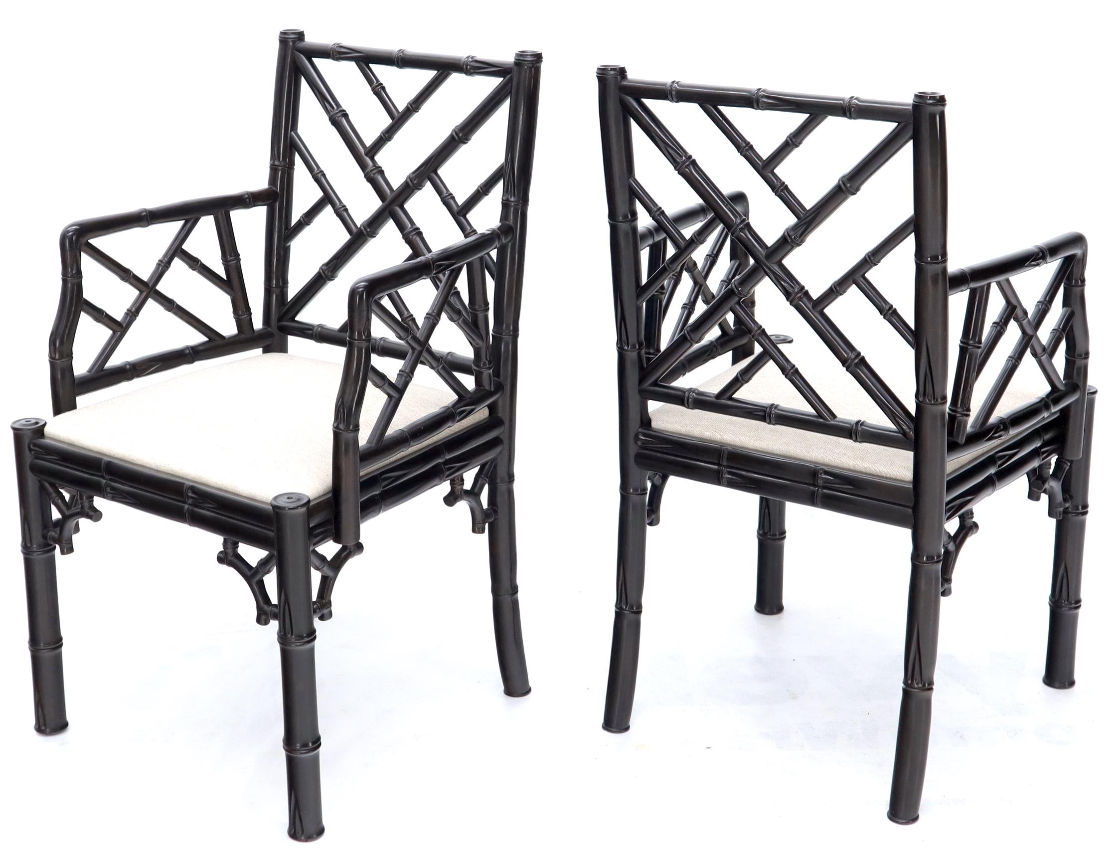 Pair of Ebonized Faux Bamboo Armchairs with New Linen Fabric Upholstery In Excellent Condition For Sale In Rockaway, NJ