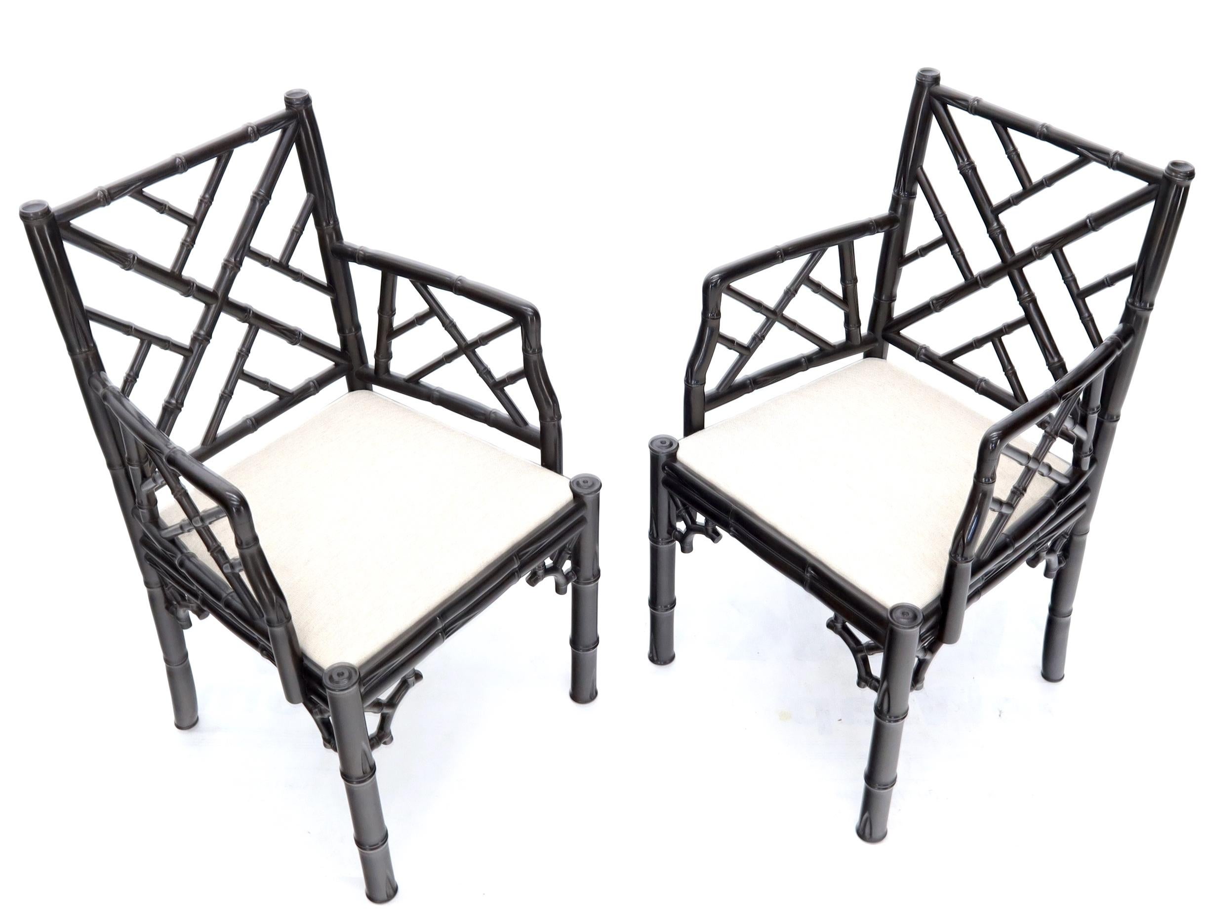20th Century Pair of Ebonized Faux Bamboo Armchairs with New Linen Fabric Upholstery For Sale