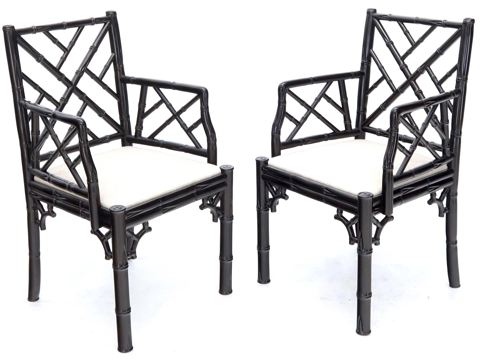 Hardwood Pair of Ebonized Faux Bamboo Armchairs with New Linen Fabric Upholstery For Sale