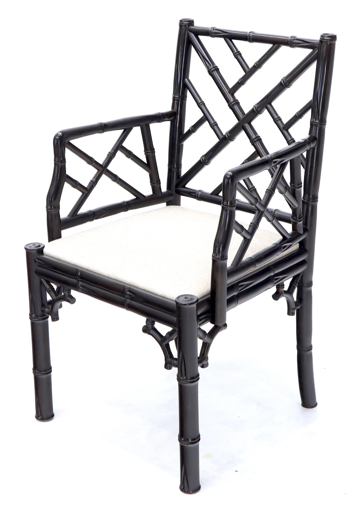 Pair of Ebonized Faux Bamboo Armchairs with New Linen Fabric Upholstery For Sale 1