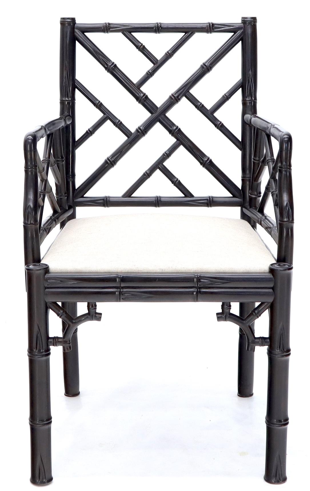 Pair of Ebonized Faux Bamboo Armchairs with New Linen Fabric Upholstery For Sale 2