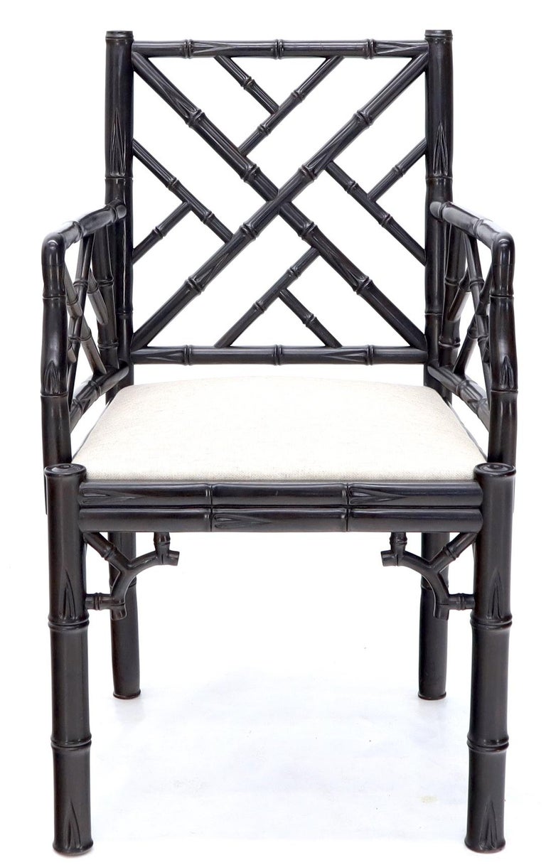 Pair of Ebonized Faux Bamboo Armchairs with New Linen Fabric Upholstery