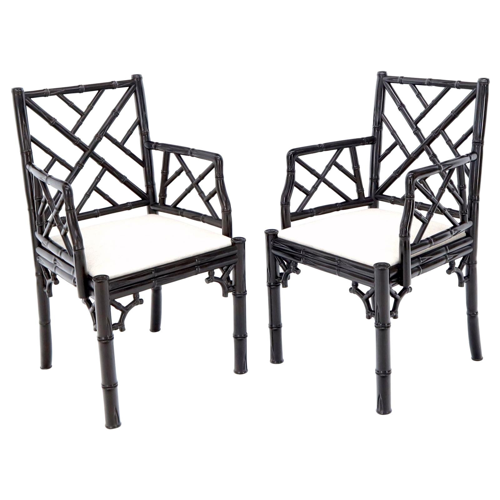 Pair of Ebonized Faux Bamboo Armchairs with New Linen Fabric Upholstery For Sale
