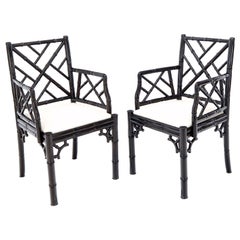 Used Pair of Ebonized Faux Bamboo Armchairs with New Linen Fabric Upholstery