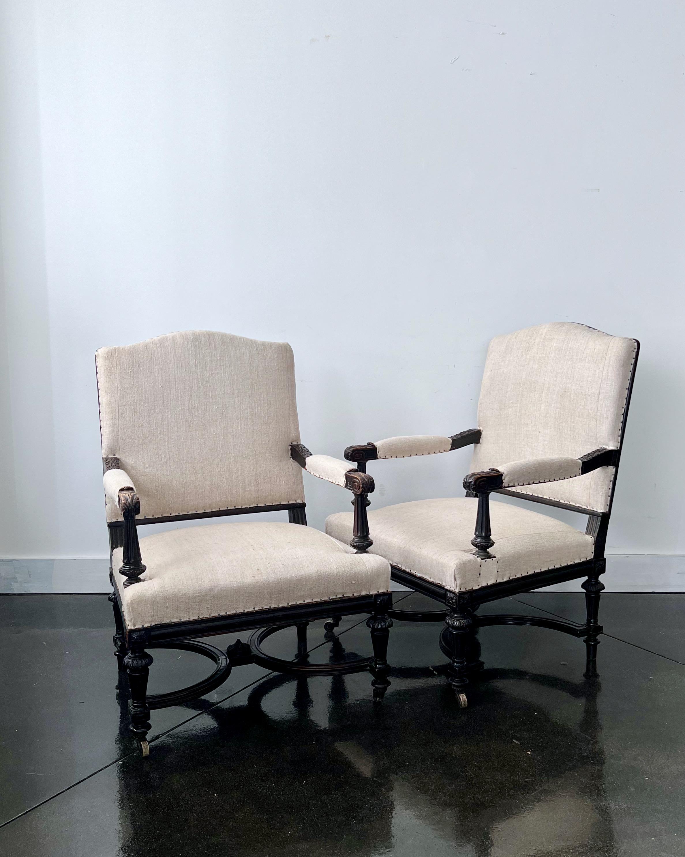 Hand-Carved Pair of Ebonized French 19th century Napoleon III Armchairs For Sale