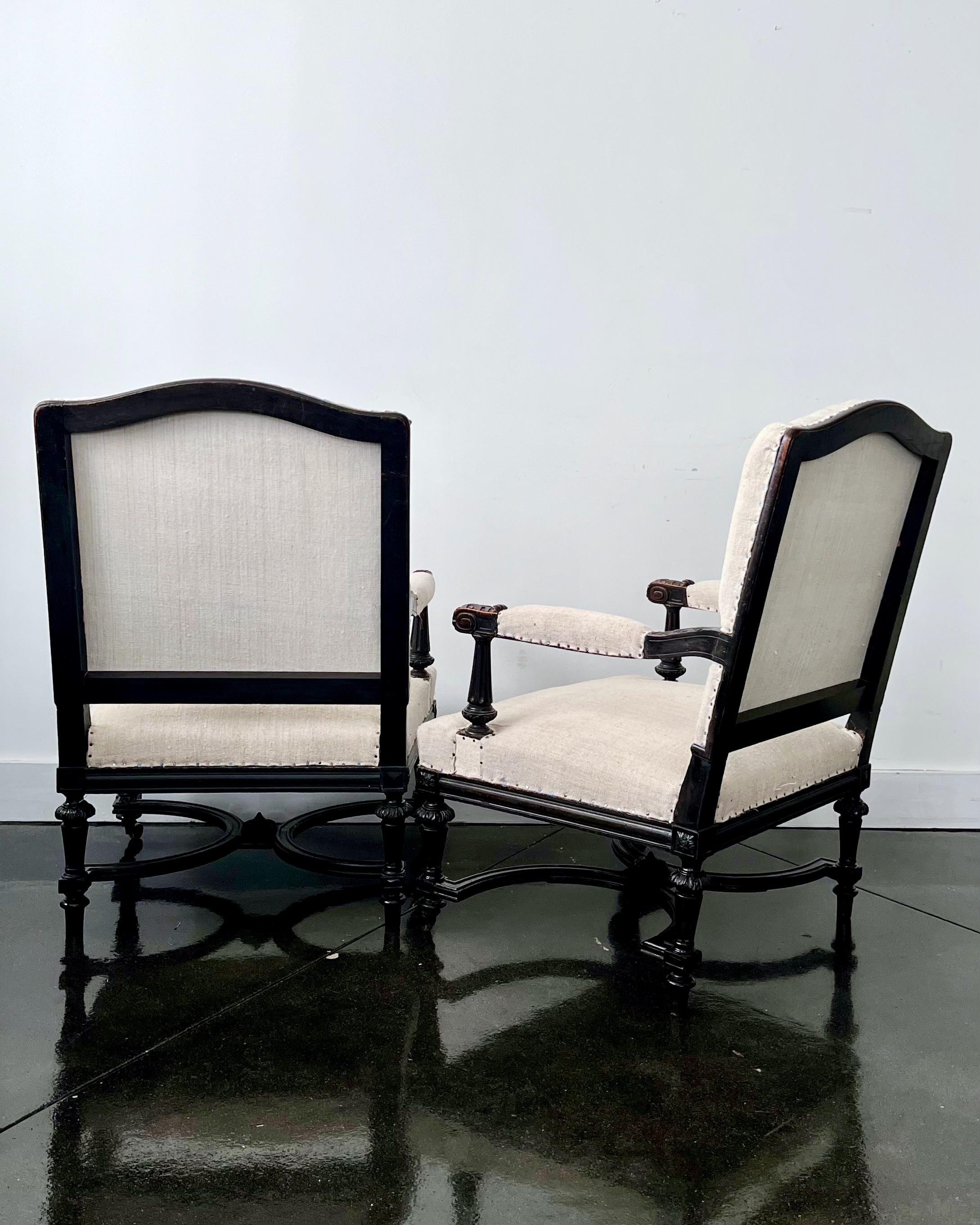 Pair of Ebonized French 19th century Napoleon III Armchairs In Good Condition For Sale In Charleston, SC