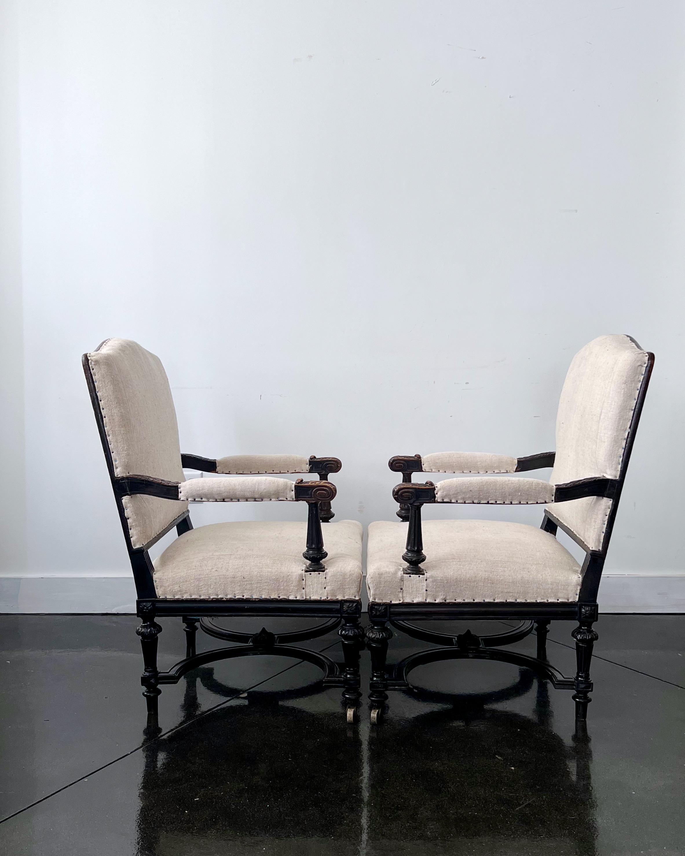 19th Century Pair of Ebonized French 19th century Napoleon III Armchairs For Sale