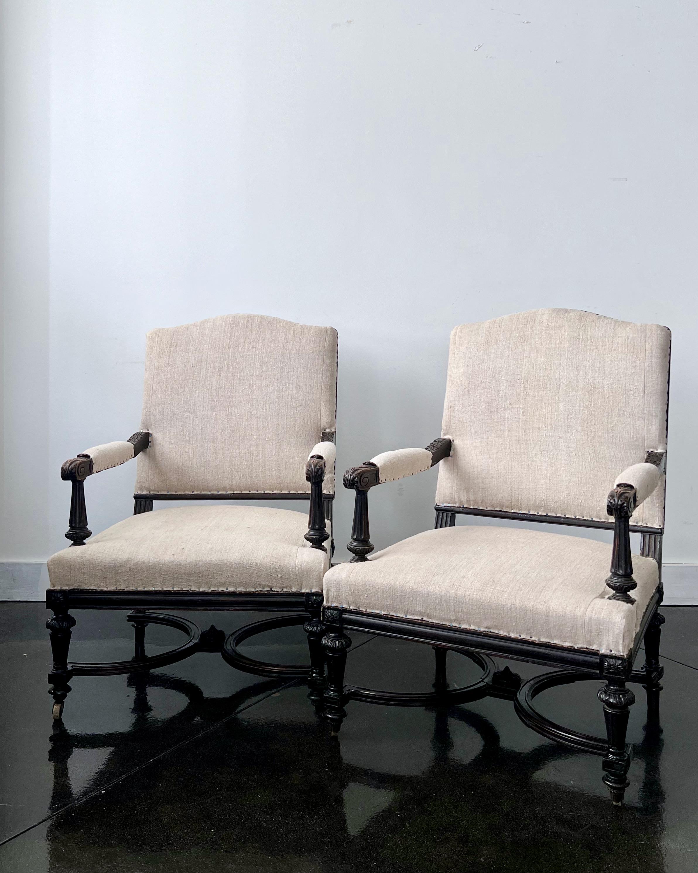 Pair of Ebonized French 19th century Napoleon III Armchairs For Sale 1