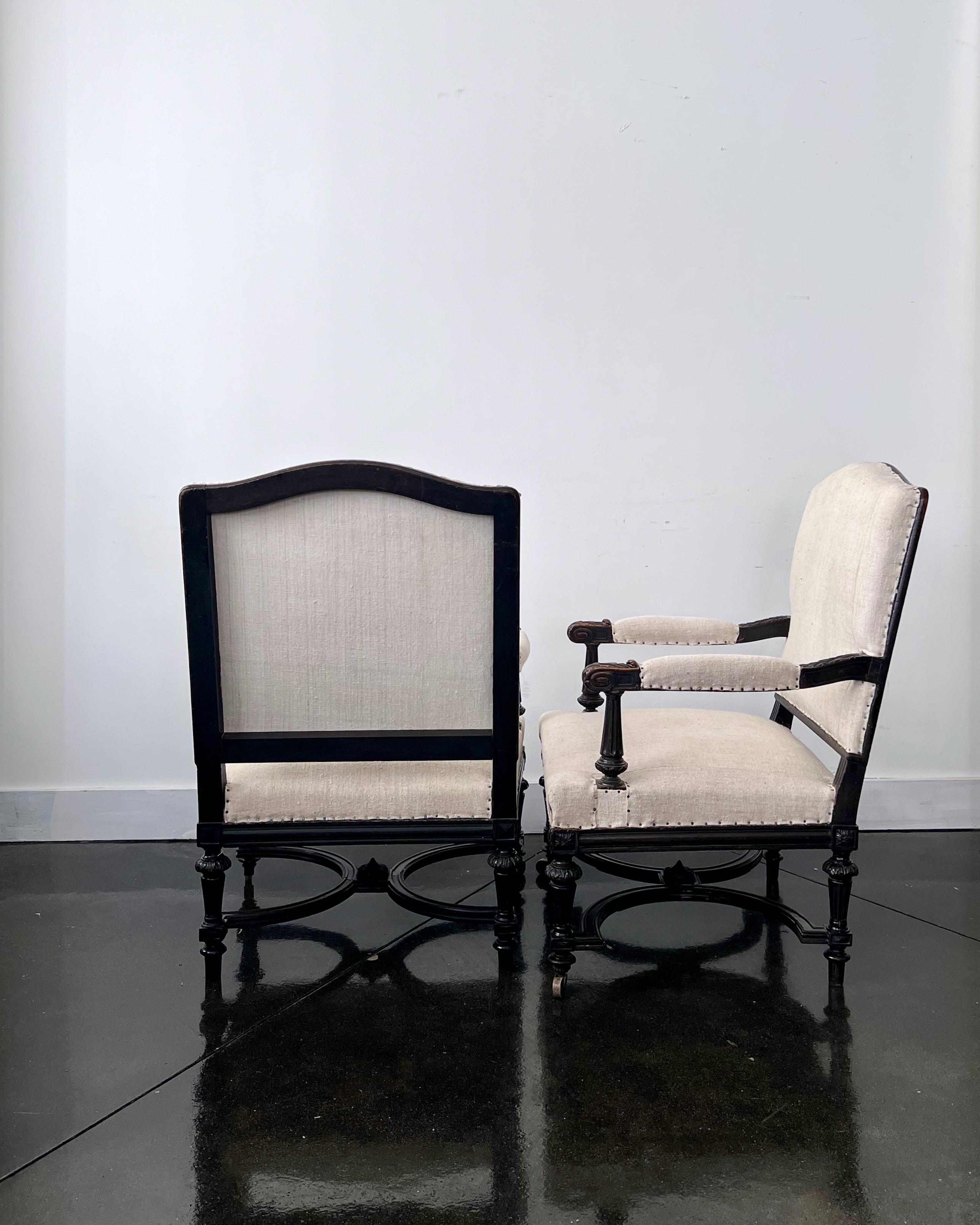 Pair of Ebonized French 19th century Napoleon III Armchairs For Sale 2
