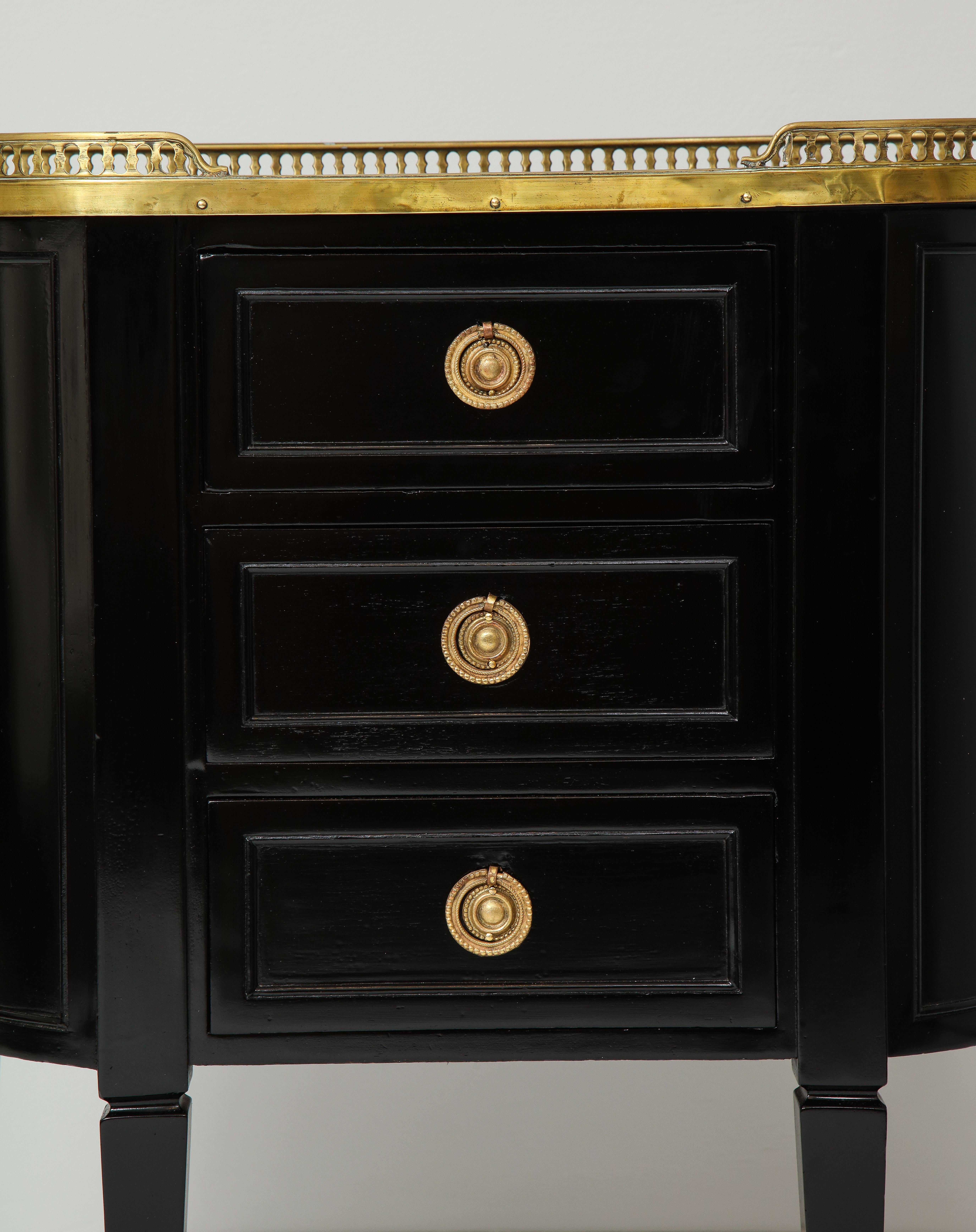Louis XVI Pair of Ebonized French Marble-Top Petite Commodes with Brass Gallery For Sale