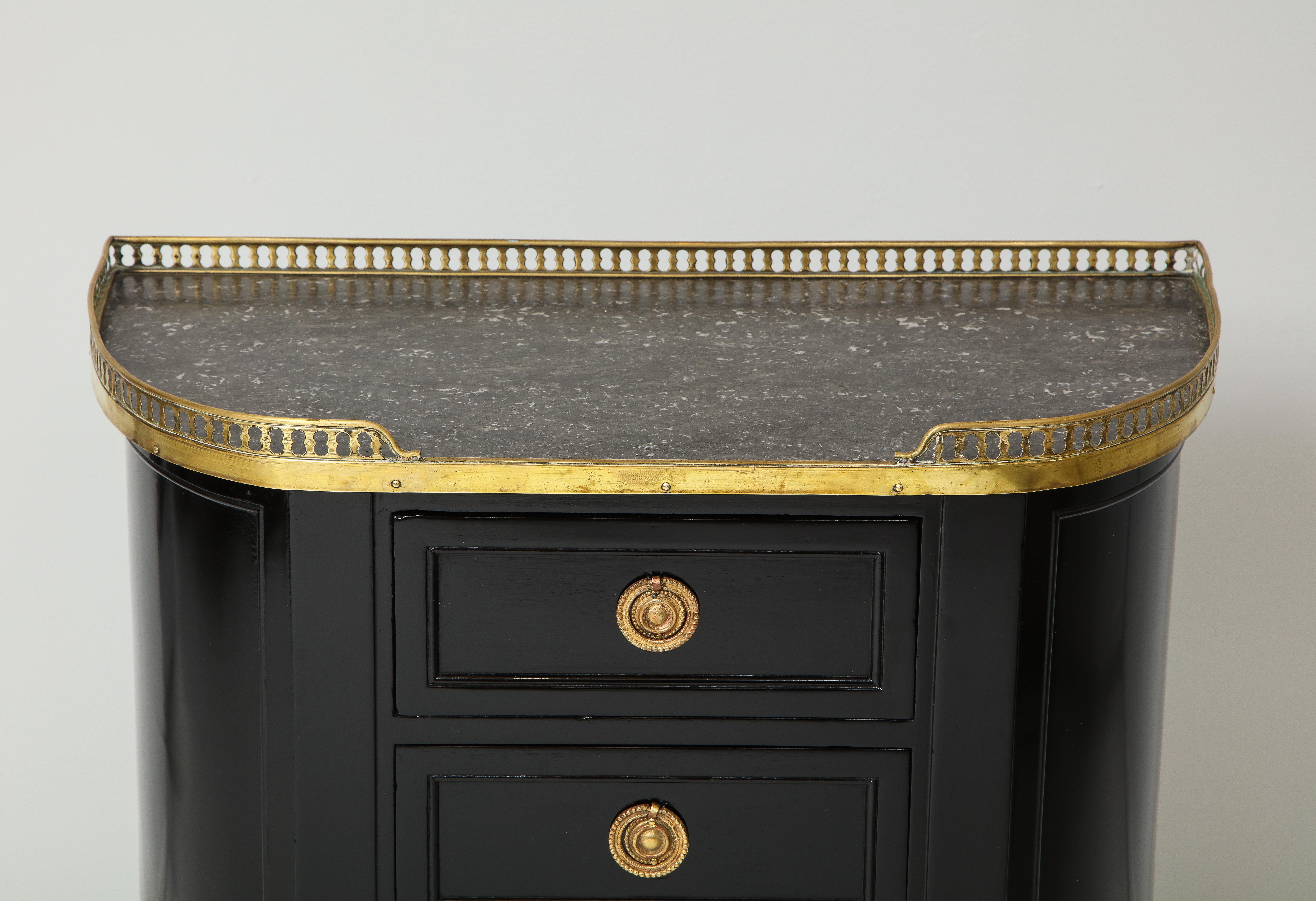 20th Century Pair of Ebonized French Marble-Top Petite Commodes with Brass Gallery For Sale
