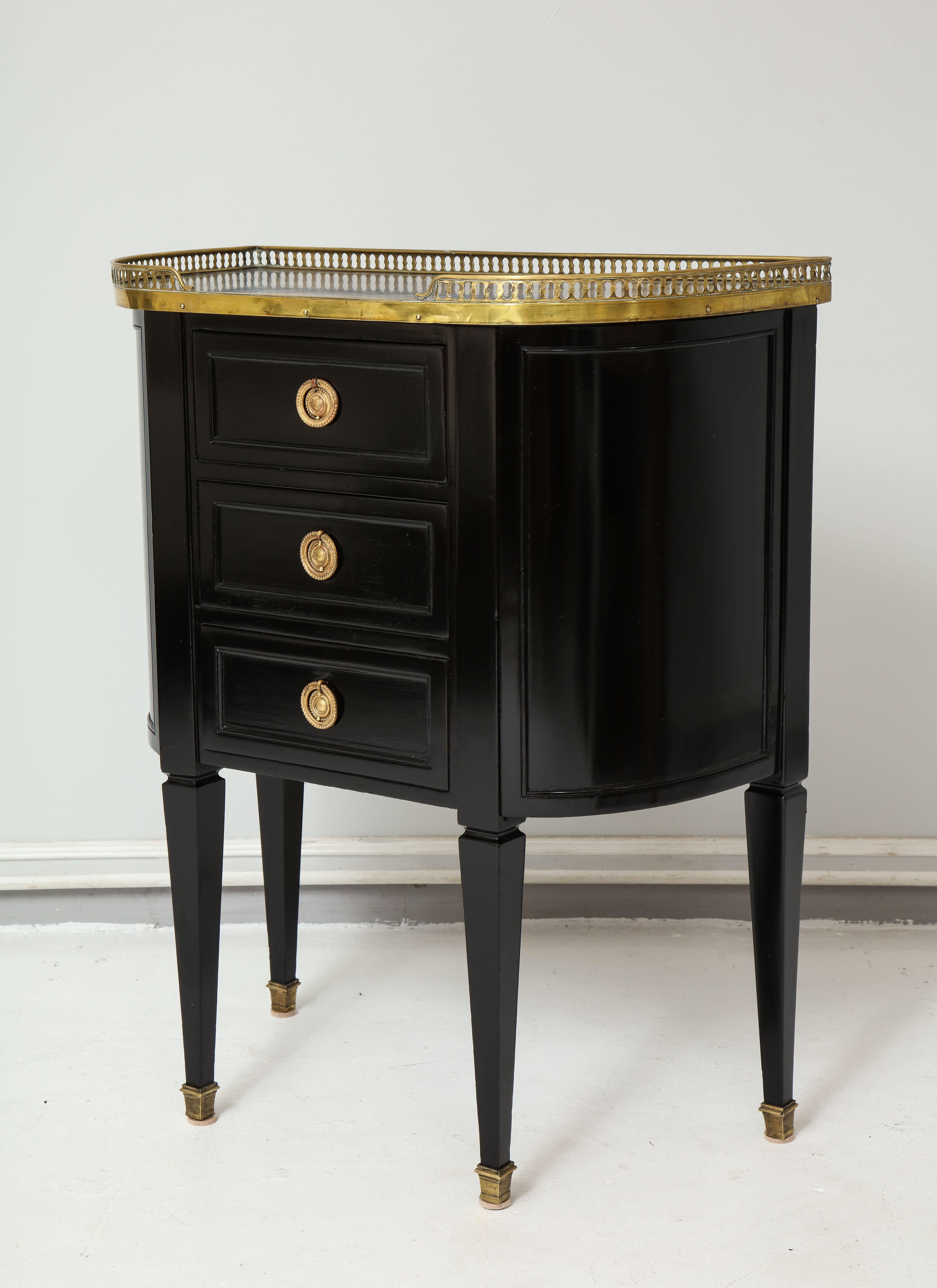 Pair of Ebonized French Marble-Top Petite Commodes with Brass Gallery For Sale 1