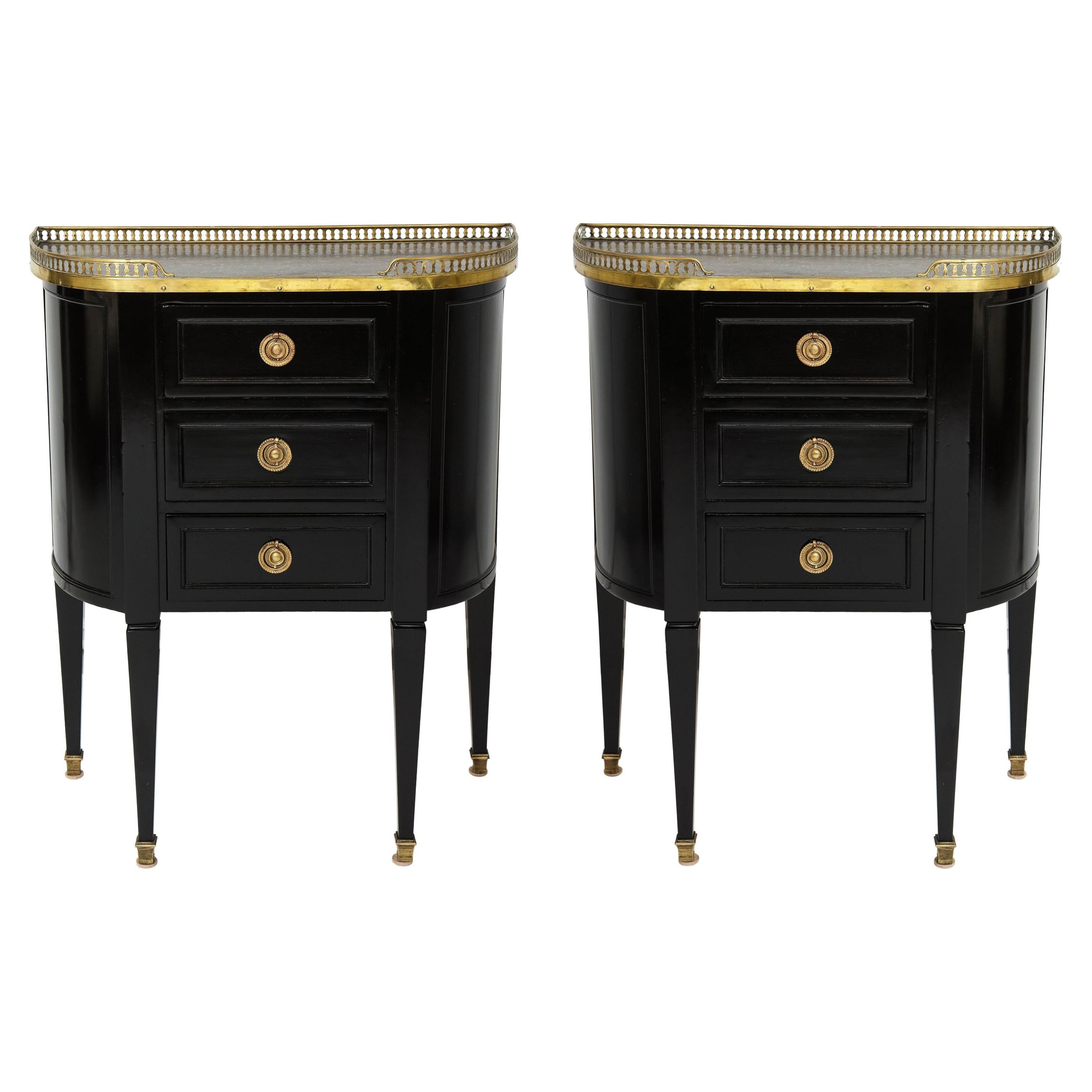 Pair of Ebonized French Marble-Top Petite Commodes with Brass Gallery For Sale