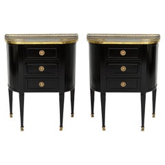 Pair of Ebonized French Marble-Top Petite Commodes with Brass Gallery