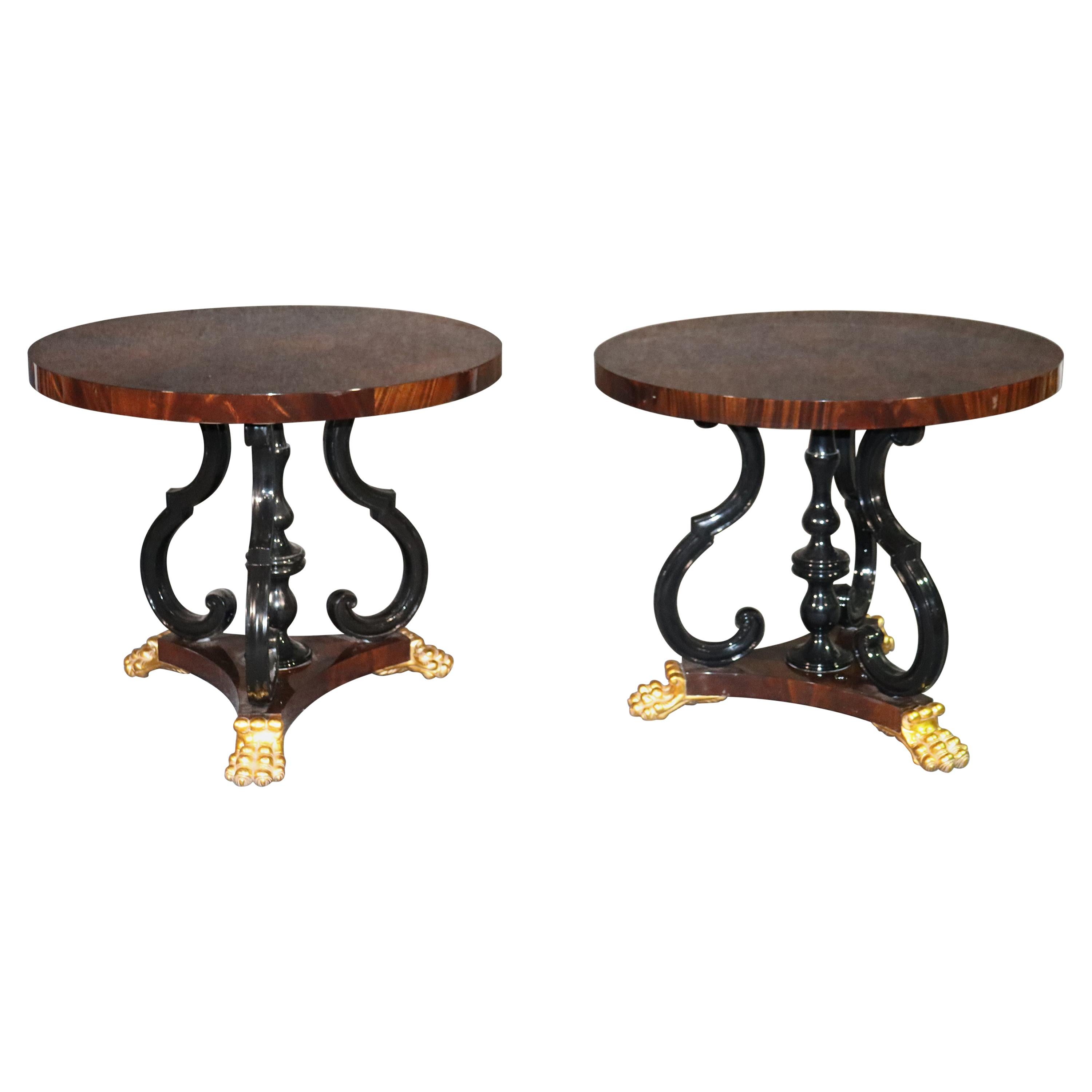 Pair of Ebonized & Gilded English Regency Style Flame Mahogany Round End Tables